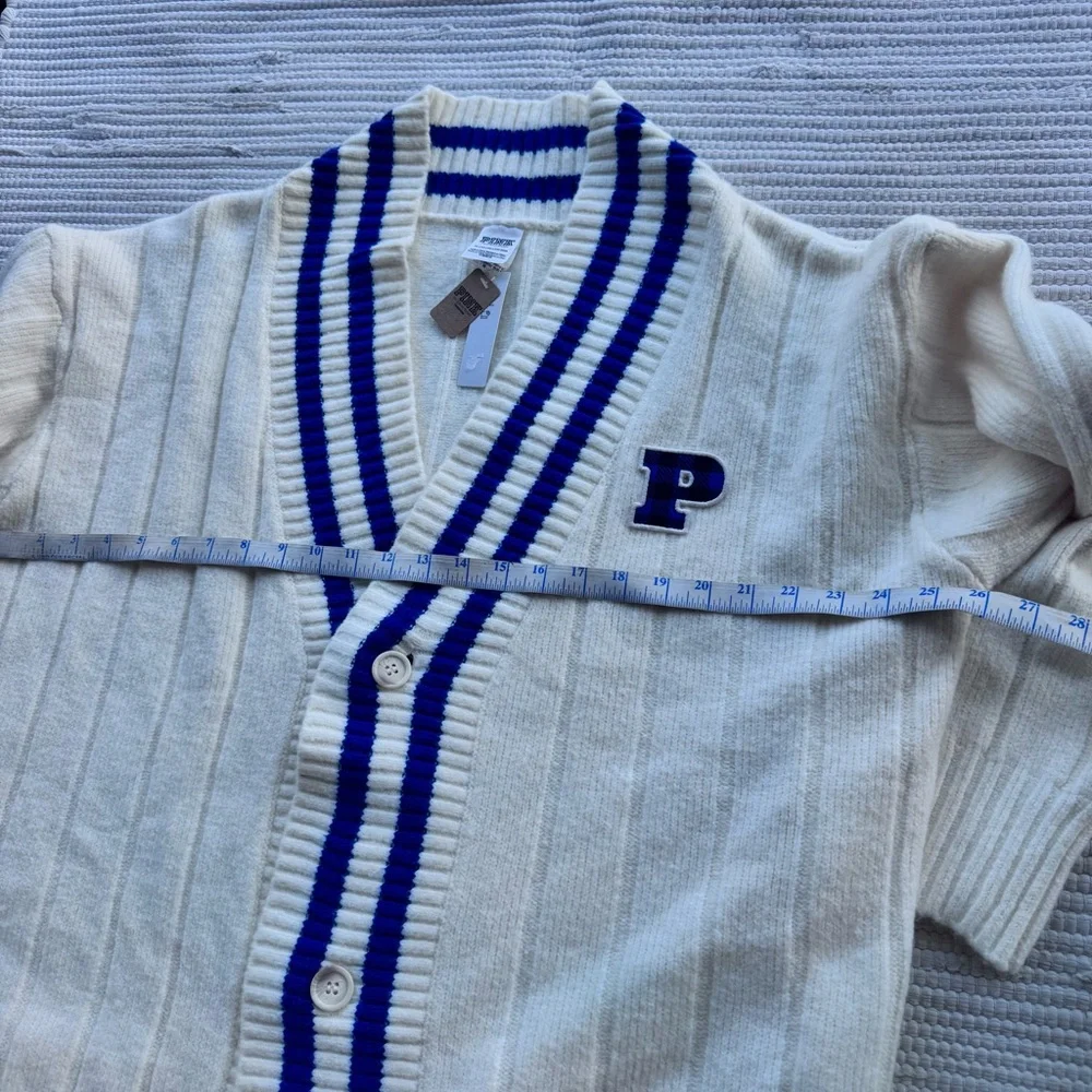 PINK VS Varsity Cardigan XL Cream Blue Stripe Preppy Cozy NWT - Picture 5 of 9